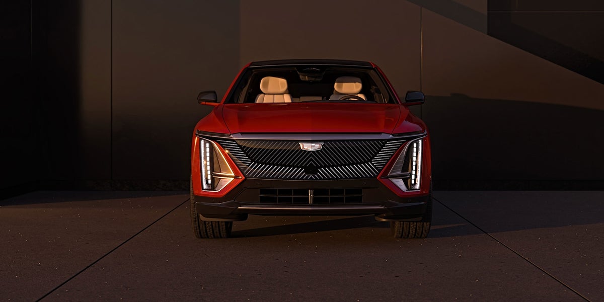 Front view of a red 2024 Cadillac Lyriq